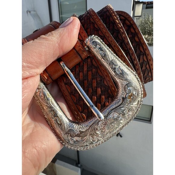 Vintage 80s Nocona woven leather concho handtooled belt western rockabilly 46 - Picture 2 of 16